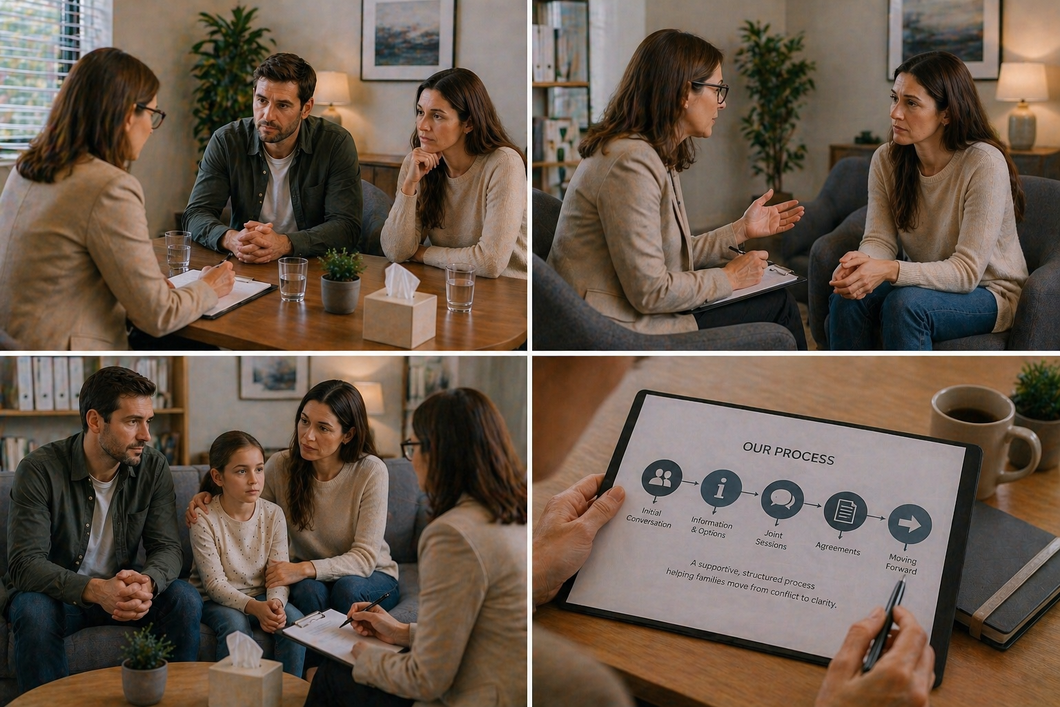 A family mediation session focused on divorce and process support, with a mediator guiding a couple through a conversation about their relationship and the next steps in a calm and supportive environment.